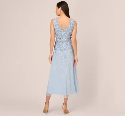 Adrianna Papell Wedding Guest Dresses|Grandmother Of The Bride & Groom*Beaded Sleeveless Ankle Length Gown With V Back In Elegant Sky