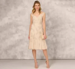 Adrianna Papell Wedding Guest Dresses|Petite-Friendly*Beaded Sleeveless Midi Dress With Sweetheart Neckline In