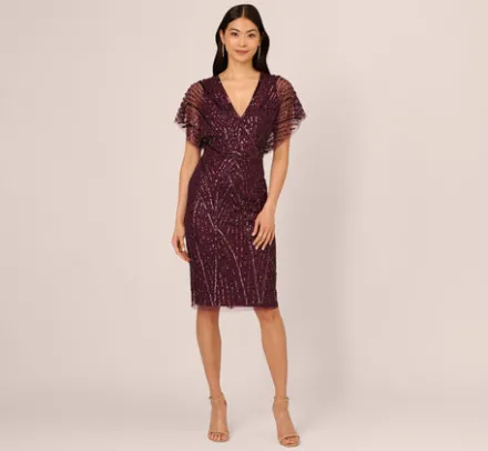 Adrianna Papell Wedding Guest Dresses|Grandmother Of The Bride & Groom*Beaded Surplice Midi Dress With Dolman Sleeves In Deep Amethyst