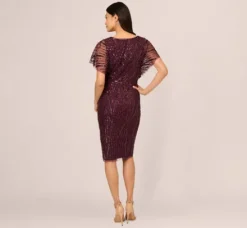 Adrianna Papell Wedding Guest Dresses|Grandmother Of The Bride & Groom*Beaded Surplice Midi Dress With Dolman Sleeves In Deep Amethyst
