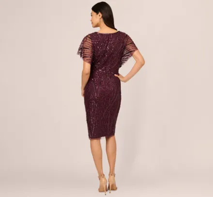 Adrianna Papell Wedding Guest Dresses|Grandmother Of The Bride & Groom*Beaded Surplice Midi Dress With Dolman Sleeves In Deep Amethyst