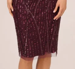 Adrianna Papell Wedding Guest Dresses|Grandmother Of The Bride & Groom*Beaded Surplice Midi Dress With Dolman Sleeves In Deep Amethyst