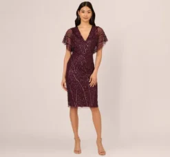 Adrianna Papell Wedding Guest Dresses|Grandmother Of The Bride & Groom*Beaded Surplice Midi Dress With Dolman Sleeves In Deep Amethyst