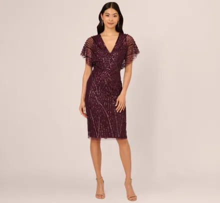 Adrianna Papell Wedding Guest Dresses|Grandmother Of The Bride & Groom*Beaded Surplice Midi Dress With Dolman Sleeves In Deep Amethyst
