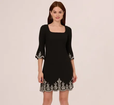 Adrianna Papell Wedding Guest Dresses|Grandmother Of The Bride & Groom*Beaded Three Quarter Sleeve Crepe Dress With Scallop Edges In