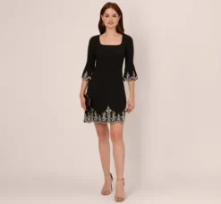Adrianna Papell Wedding Guest Dresses|Grandmother Of The Bride & Groom*Beaded Three Quarter Sleeve Crepe Dress With Scallop Edges In