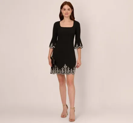 Adrianna Papell Wedding Guest Dresses|Grandmother Of The Bride & Groom*Beaded Three Quarter Sleeve Crepe Dress With Scallop Edges In