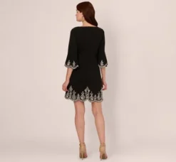 Adrianna Papell Wedding Guest Dresses|Grandmother Of The Bride & Groom*Beaded Three Quarter Sleeve Crepe Dress With Scallop Edges In