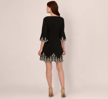 Adrianna Papell Wedding Guest Dresses|Grandmother Of The Bride & Groom*Beaded Three Quarter Sleeve Crepe Dress With Scallop Edges In