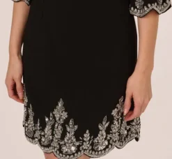 Adrianna Papell Wedding Guest Dresses|Grandmother Of The Bride & Groom*Beaded Three Quarter Sleeve Crepe Dress With Scallop Edges In