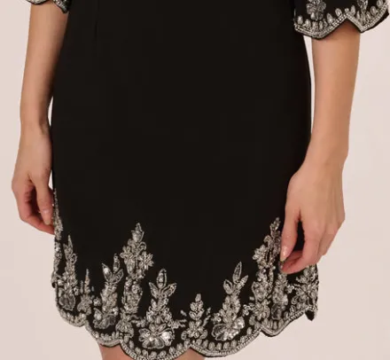 Adrianna Papell Wedding Guest Dresses|Grandmother Of The Bride & Groom*Beaded Three Quarter Sleeve Crepe Dress With Scallop Edges In