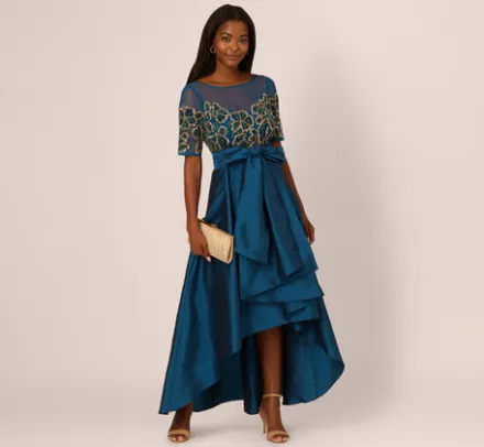 Adrianna Papell Wedding Guest Dresses|Formal Dresses*Bead Taffeta High Low Long Dress In Teal Sapphire Gold
