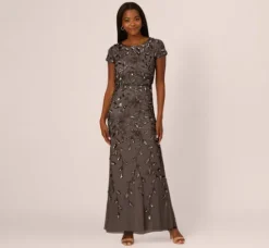 Adrianna Papell Wedding Guest Dresses|Formal Dresses*Blouson Short Sleeve Beaded Long Dress In