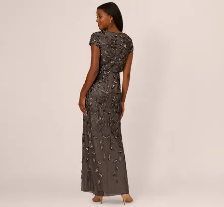 Adrianna Papell Wedding Guest Dresses|Formal Dresses*Blouson Short Sleeve Beaded Long Dress In