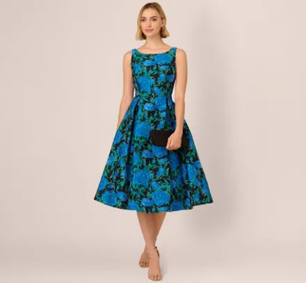 Adrianna Papell Wedding Guest Dresses|Petite-Friendly*Boat Neck Jacquard Midi Dress In Blue Green
