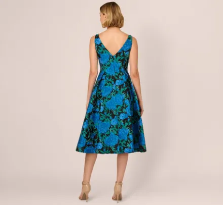 Adrianna Papell Wedding Guest Dresses|Petite-Friendly*Boat Neck Jacquard Midi Dress In Blue Green