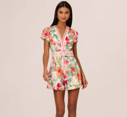 Adrianna Papell Jumpsuits|Day Dresses*Bright Floral Print Button Up Romper With Belted Waist In Pink-Green Multi
