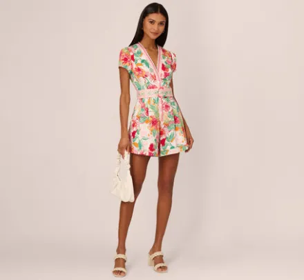 Adrianna Papell Jumpsuits|Day Dresses*Bright Floral Print Button Up Romper With Belted Waist In Pink-Green Multi