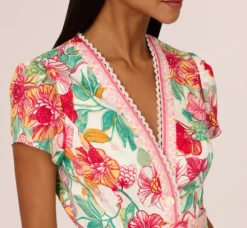 Adrianna Papell Jumpsuits|Day Dresses*Bright Floral Print Button Up Romper With Belted Waist In Pink-Green Multi