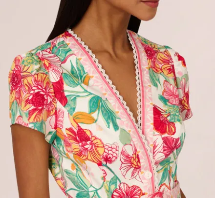 Adrianna Papell Jumpsuits|Day Dresses*Bright Floral Print Button Up Romper With Belted Waist In Pink-Green Multi