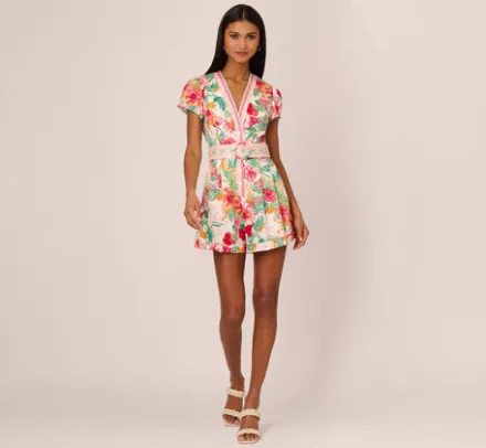 Adrianna Papell Jumpsuits|Day Dresses*Bright Floral Print Button Up Romper With Belted Waist In Pink-Green Multi