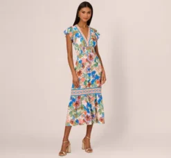 Adrianna Papell Wedding Guest Dresses|Day Dresses*Bright Floral Print Midi Dress With Flutter Sleeves In Blue-Green Multi