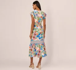 Adrianna Papell Wedding Guest Dresses|Day Dresses*Bright Floral Print Midi Dress With Flutter Sleeves In Blue-Green Multi