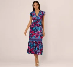 Adrianna Papell Wedding Guest Dresses|Day Dresses*Bright Floral Print Midi Dress With Flutter Sleeves In Navy Pink Multi