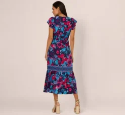 Adrianna Papell Wedding Guest Dresses|Day Dresses*Bright Floral Print Midi Dress With Flutter Sleeves In Navy Pink Multi