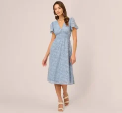 Adrianna Papell Wedding Guest Dresses|Ap Exclusives*Burnout Smocked Midi Dress With Short Sleeves In Dusty Blue
