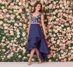 Adrianna Papell Wedding Guest Dresses|Formal Dresses*Cap Sleeve Beaded Gown With Taffeta High Low Skirt In Light Navy