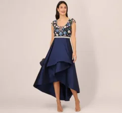 Adrianna Papell Wedding Guest Dresses|Formal Dresses*Cap Sleeve Beaded Gown With Taffeta High Low Skirt In Light Navy