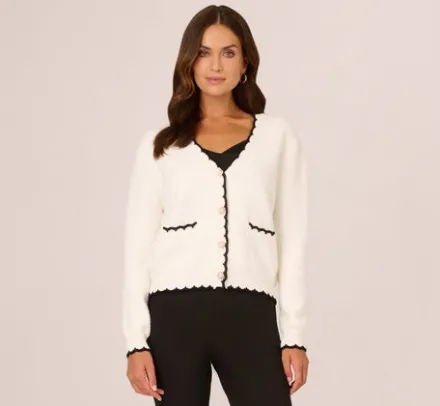 Adrianna Papell Tops & Blouses|Sweaters*Cardigan Sweater With Contrast Scallop Trim In Ivory Black