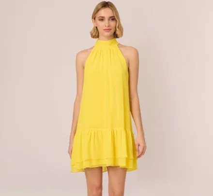 Adrianna Papell Wedding Guest Dresses|Day Dresses*Chiffon Mock Neck Trapeze Dress With Flounce Hem In Hyper Yellow