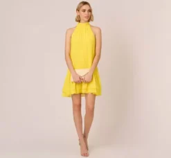 Adrianna Papell Wedding Guest Dresses|Day Dresses*Chiffon Mock Neck Trapeze Dress With Flounce Hem In Hyper Yellow