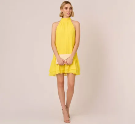 Adrianna Papell Wedding Guest Dresses|Day Dresses*Chiffon Mock Neck Trapeze Dress With Flounce Hem In Hyper Yellow