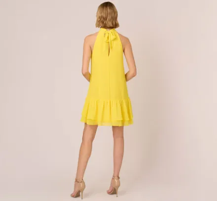 Adrianna Papell Wedding Guest Dresses|Day Dresses*Chiffon Mock Neck Trapeze Dress With Flounce Hem In Hyper Yellow