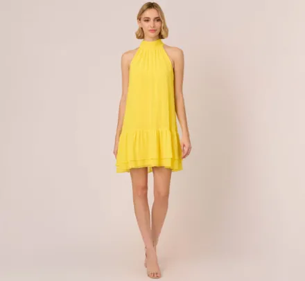 Adrianna Papell Wedding Guest Dresses|Day Dresses*Chiffon Mock Neck Trapeze Dress With Flounce Hem In Hyper Yellow