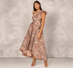 Adrianna Papell Wedding Guest Dresses|Grandmother Of The Bride & Groom*Clipped Jacquard High Low Gown With Ruffle One Shoulder Neck In Rust Multi