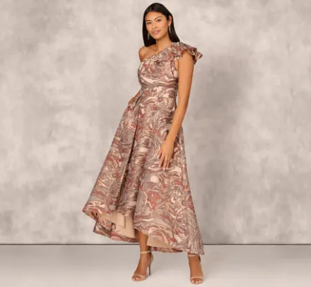 Adrianna Papell Wedding Guest Dresses|Grandmother Of The Bride & Groom*Clipped Jacquard High Low Gown With Ruffle One Shoulder Neck In Rust Multi