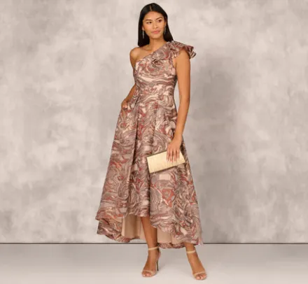 Adrianna Papell Wedding Guest Dresses|Grandmother Of The Bride & Groom*Clipped Jacquard High Low Gown With Ruffle One Shoulder Neck In Rust Multi