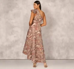 Adrianna Papell Wedding Guest Dresses|Grandmother Of The Bride & Groom*Clipped Jacquard High Low Gown With Ruffle One Shoulder Neck In Rust Multi