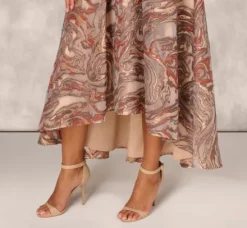 Adrianna Papell Wedding Guest Dresses|Grandmother Of The Bride & Groom*Clipped Jacquard High Low Gown With Ruffle One Shoulder Neck In Rust Multi