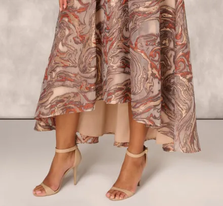 Adrianna Papell Wedding Guest Dresses|Grandmother Of The Bride & Groom*Clipped Jacquard High Low Gown With Ruffle One Shoulder Neck In Rust Multi