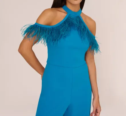 Adrianna Papell Jumpsuits*Cold Shoulder Stretch Crepe Jumpsuit With Feather Trim In Deep Cerulean