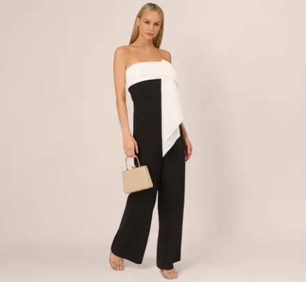 Adrianna Papell Jumpsuits*Colorblock Crepe Strapless Jumpsuit With Bow Accent In Black White