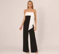 Adrianna Papell Jumpsuits*Colorblock Crepe Strapless Jumpsuit With Bow Accent In Black White