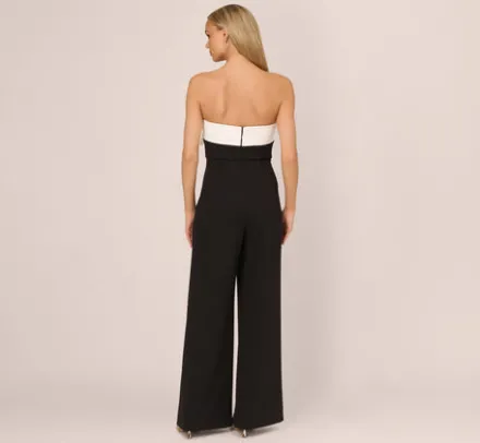 Adrianna Papell Jumpsuits*Colorblock Crepe Strapless Jumpsuit With Bow Accent In Black White
