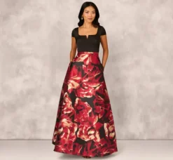 Adrianna Papell Wedding Guest Dresses|Formal Dresses*Combo Fabric Cap Sleeve Gown In Black Red Multi