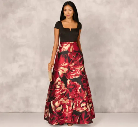 Adrianna Papell Wedding Guest Dresses|Formal Dresses*Combo Fabric Cap Sleeve Gown In Black Red Multi